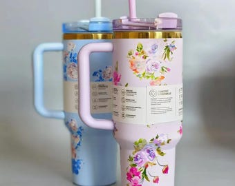 Custom Love Shack Fancy 40oz Stanley Quencher - Floral Tumbler Personalized Gift for Her, Insulated Travel Mug for Coffee, Portable Car Cup
