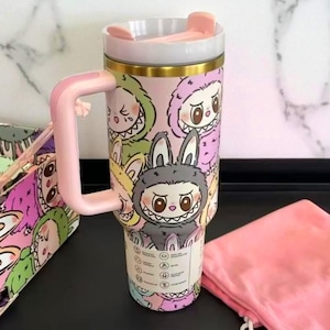 Custom Labubu x Stanley Cup 40oz Water Bottle Labubu Macaron Monsters Tumbler Gift for Her Kids Labubu Tumbler