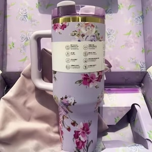 Custom Love Shack Fancy 40oz Stanley Cup - Floral Tumbler Personalized Gift Box for Her, Travel Mug for Coffee, Portable Car Cup Purple Rose