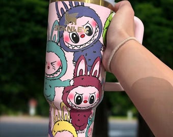 Custom Labubu x Stanley 40oz Tumbler Water Bottle Labubu Macaron Monsters Tumbler Gift for Her Kids