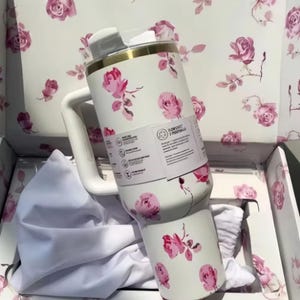Custom Love Shack Fancy 40oz Stanley Cup - Floral Tumbler Personalized Gift Box for Her, Travel Mug, Portable Car Cup Pink White Rose