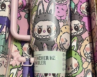 Custom Labubu x Stanley Cup 40oz Water Bottle Labubu Macaron Monsters Tumbler Gift for Her Kids Labubu Tumbler
