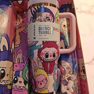 Custom Labubu x Stanley Cup 40oz Water Bottle Labubu Macaron Monsters Tumbler Gift for Her Kids Labubu Tumbler