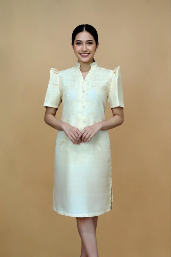 Long Gown Filipiniana Gown Cream Graduation Dress Organza Filipiniana  Barong Dress Sophie JK19