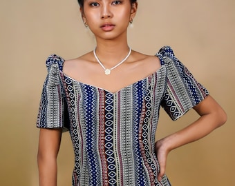 white christmas dresses Handwoven Black Inabel Ilocos Weave Modern Filipiniana Dress - Elsie main image 0