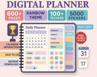 All in one Digital Planner Bundle 2025-2026-2027 – Hyperlinked Goodnotes Planner with Daily, Weekly, Monthly Pages, Journal + Apple & Google