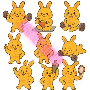 Buff Bunny Clipart – 9 Muscular Fitness Rabbit Poses | Cute Workout Animal PNG
