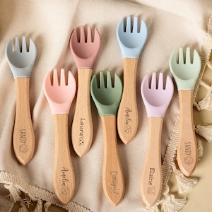 Personalized Wooden and Silicone Spoon and Fork Set,Weaning Set,Baby Shower Gift,Newborn Gift,Baby Meal Set,Toddler Spoon,Kids Dining Set