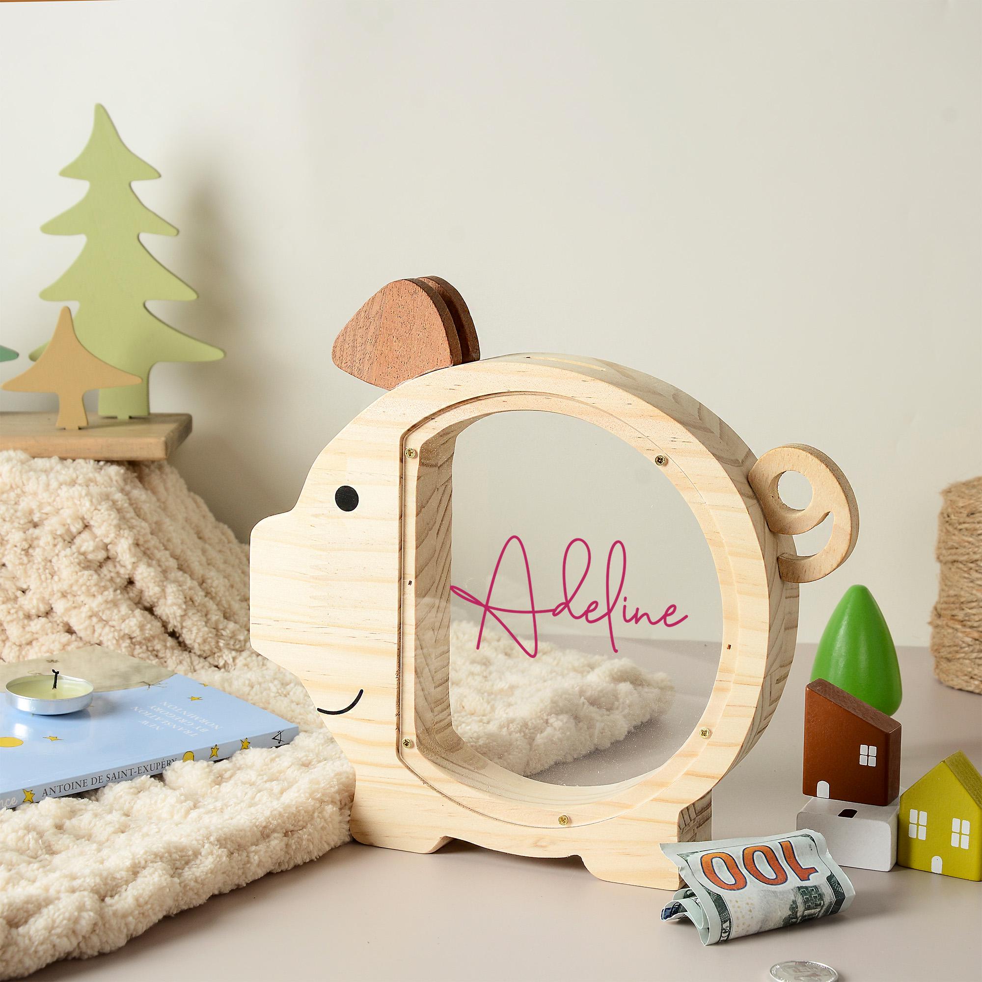 Custom Name School Bus Pencil Design Piggy Bank, Wooden Transparent Window Money Box Saving Bank, Back To School/Birthday Gift For Boys/Girls/Kids