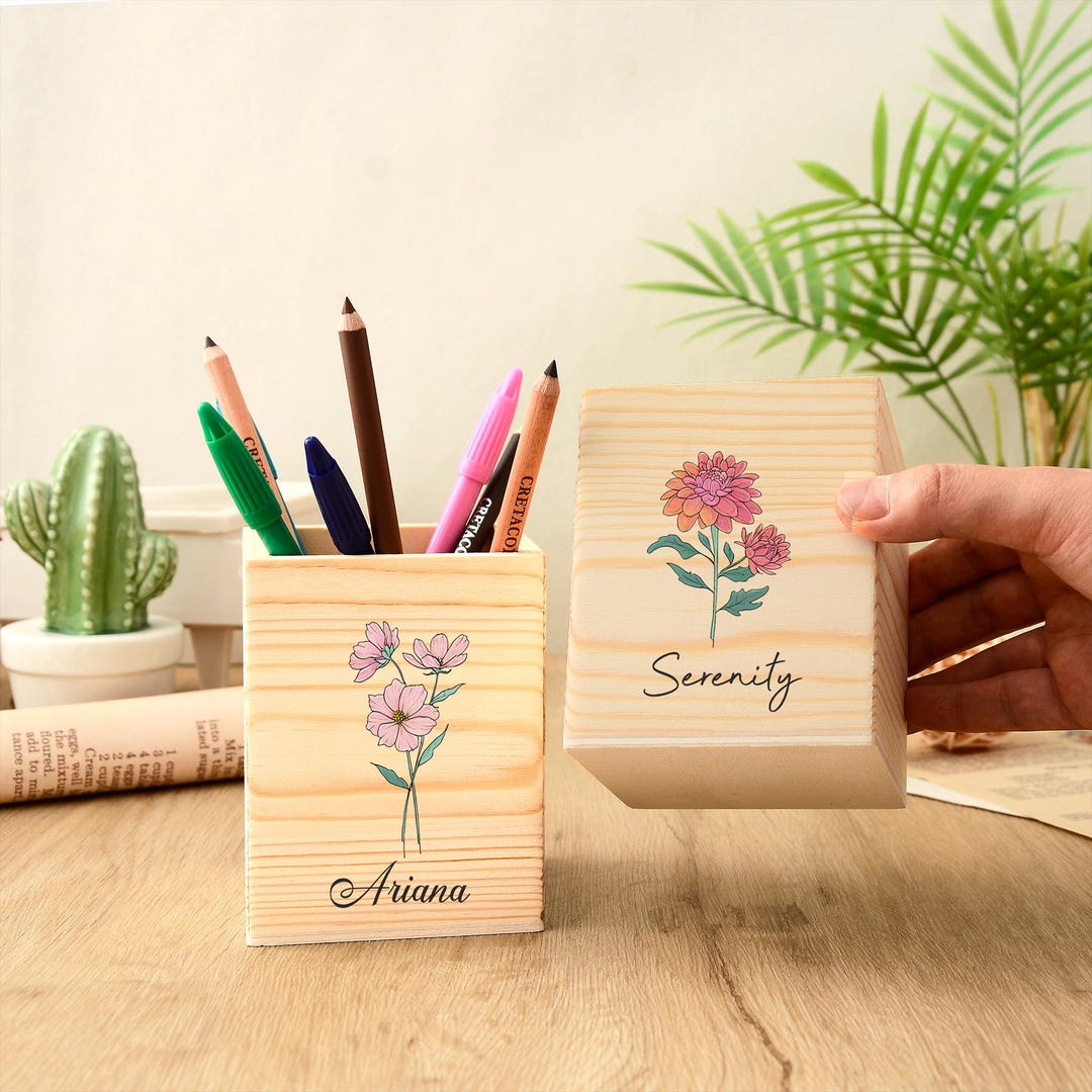 Personalized Wooden Pencil Holder With Name,birth Flower Pencil Cup for ...