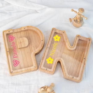 Alcancía de madera personalizada con letras, nombre, inicial, alcancía con nombre, regalo para niños, niña o bebé.