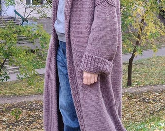 フード付きハンドニットアルパカウールロングカーディガン
