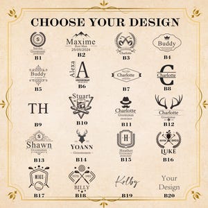 Op de afbeelding: Een gids met verschillende gepersonaliseerde ontwerpopties. De ontwerpen omvatten initialen, namen, data en decoratieve elementen zoals geweien, hoeden en golfballen. De tekst "CHOOSE YOUR DESIGN" staat bovenaan.
