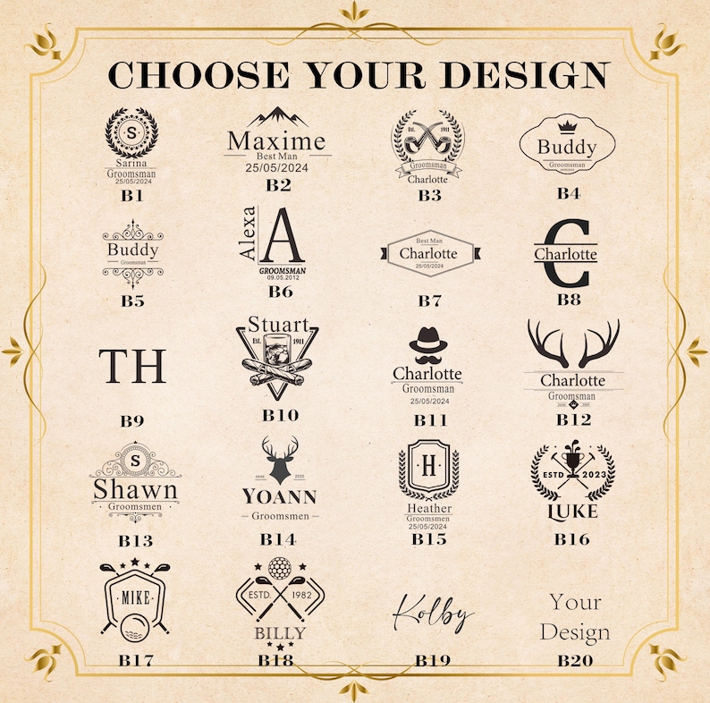 Op de afbeelding: Een gids met verschillende gepersonaliseerde ontwerpopties. De ontwerpen omvatten initialen, namen, data en decoratieve elementen zoals geweien, hoeden en golfballen. De tekst "CHOOSE YOUR DESIGN" staat bovenaan.