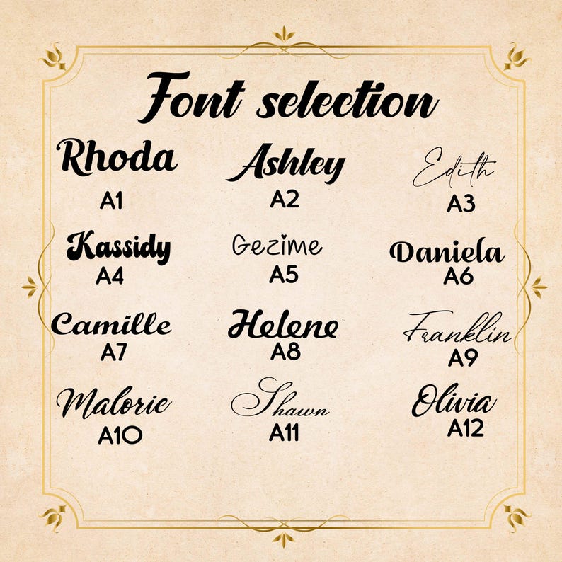 Op de afbeelding: Een afbeelding met de tekst "Font selection". Twaalf lettertypen worden getoond, elk met een naam en een nummer. Namen zijn Rhoda, Ashley, Edith, Kassidy, Gezime, Daniela, Camille, Helene, Franklin, Malorie, Shawn en Olivia.