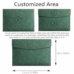 Op de afbeelding: Groene documenthouder van kunstleer, 33 cm breed en 24 cm hoog. De afbeelding toont gebieden voor het aanpassen van tekst of logo's. De tekst op de afbeelding luidt "Customized Area".