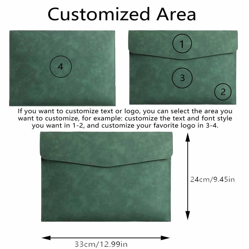 Op de afbeelding: Groene documenthouder van kunstleer, 33 cm breed en 24 cm hoog. De afbeelding toont gebieden voor het aanpassen van tekst of logo's. De tekst op de afbeelding luidt "Customized Area".