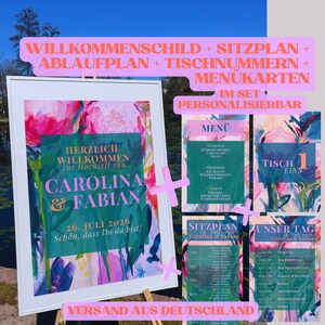 Set di cartelli per matrimoni; personalizzabile; 23 pezzi, cartello di benvenuto, planimetria, programma, numeri dei tavoli, menù, floreale, boho, colorato