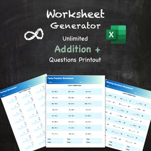 Może przedstawiać: Obraz generatora arkuszy kalkulacyjnych z tekstem "Worksheet Generator" i "Unlimited Addition + Questions Printout". Obraz zawiera trzy arkusze kalkulacyjne z zadaniami dodawania i ikonę programu Excel.