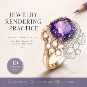 Op de afbeelding: Een digitale illustratie van een gouden ring met een grote, vierkante, paarse edelsteen. De ring heeft bloemaccenten en is versierd met kleine diamanten. De afbeelding bevat de tekst "JEWELRY RENDERING PRACTICE" en "ADVANCED JEWELRY DESIGN".