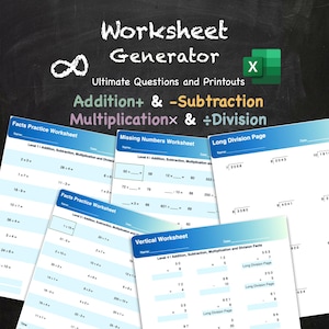 May include: A collection of printed worksheets for math practice, including addition, subtraction, multiplication, and division problems. The worksheets are titled "Facts Practice Worksheet", "Missing Numbers Worksheet", "Long Division Page", and "Vertical Worksheet". The image also includes the text "Worksheet Generator".