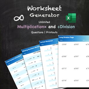 Może przedstawiać: Tło tablicy z tekstem "Worksheet Generator" i "Unlimited Multiplication and Division Questions | Printouts." Wyświetlanych jest kilka wydrukowanych arkuszy roboczych, w tym problemy z dzieleniem i mnożeniem.