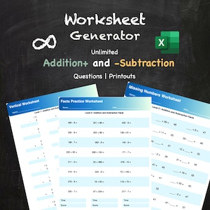 May include: Image features a chalkboard background with the words "Worksheet Generator" and "Unlimited Addition+ and -Subtraction Questions | Printouts." Several math worksheets are visible, including vertical, facts practice, and missing numbers worksheets.