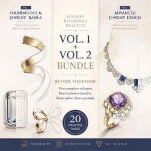 Op de afbeelding: Een digitale productbundel voor sieradenontwerp, met twee delen: Foundations & Jewelry Basics en Advanced Jewelry Design. De afbeelding bevat illustraties van sieraden, zoals ringen en kettingen, en de tekst "VOL. 1 + VOL. 2 BUNDLE".