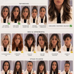 May include: A hairstyle analysis chart with various hair styles and color guides. The chart includes images of different hairstyles, color options, and tips for finding the most flattering look. Text on the chart includes "Hairstyle Analysis" and "Find Your Most Flattering Look."