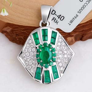 Emerald and Diamond Sterling Silver Pendant: Handmade May Birthstone Necklace
