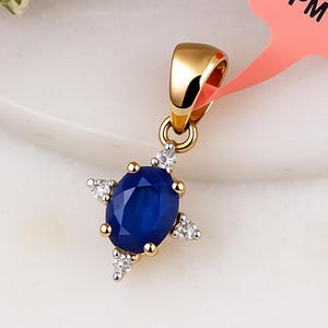 14K Yellow Gold Blue Sapphire and Diamond Pendant | Natural Oval Gemstone Necklace Gift