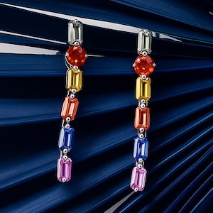 Rainbow Sapphire Dangle Earrings: Sterling Silver Gemstone Drop Jewelry