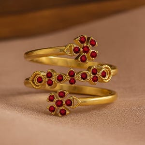 Floral Ruby Ring: Round Cut, 14k Gold or Sterling Silver