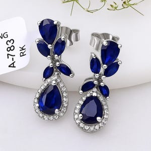 Natural Blue Sapphire & Diamond Teardrop Earrings in 925 Sterling Silver Elegant Gemstone Dangle Earrings September Birthstone Jewelry Gift