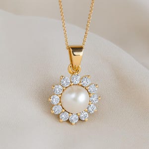 Pearl and Lab Diamond Pendant: 14k Gold or Sterling Silver, June Birthstone