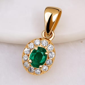 14k Yellow Gold Emerald Halo Pendant with Diamonds – May Birthstone Necklace for Her