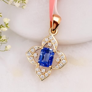 Cushion Blue Sapphire Pendant in 14k Yellow Gold | Diamond Halo Necklace Gift