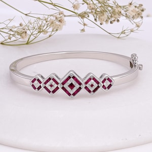 Ruby & Diamond Bangle: 925 Sterling Silver Elegant Gemstone Bracelet