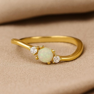 Natural Opal & Lab Diamond Ring: 14k Gold or Sterling Silver