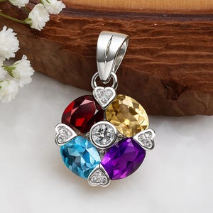 Natural Blue Topaz Citrine Garnet Amethyst Pendant | 925 Sterling Silver Multi Gemstone Necklace | Colorful Birthstone Gift for Her