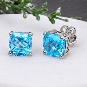 Cushion Cut Swiss Blue Topaz Stud Earrings | 925 Sterling Silver | Natural Gemstone Jewelry Gift for Her