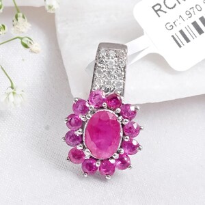 Ruby & Diamond Halo Pendant: Handmade Sterling Silver Necklace