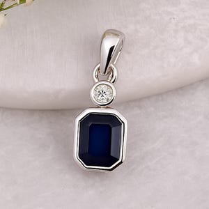 Natural Blue Sapphire and Diamond Pendant in 14k White Gold – Emerald Cut September Birthstone Necklace – Minimalist Gemstone Jewelry