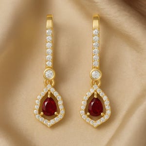 Orecchini pendenti con rubino, orecchini con alone di diamanti creati in laboratorio, orecchini pendenti in argento sterling 925 placcato oro, regalo con pietra portafortuna di luglio