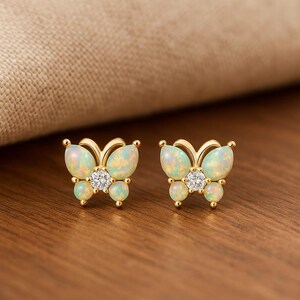 Natural Opal and Diamond Butterfly Earrings | Opal Studs in 14k Gold & Sterling Silver | October Birthstone Gift for Her