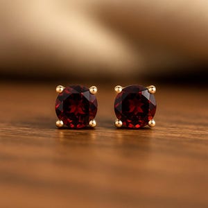 Natural Garnet Stud Earrings in 14k Gold / 925 Sterling Silver | January Birthstone Jewelry | Red Gemstone Earrings for Women