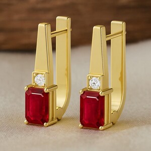 Natural Ruby Drop Earrings with Lab Grown Diamonds | Gold Plated 925 Sterling Silver July Birthstone Jewelry