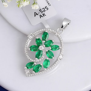 Emerald & Diamond Paisley Pendant: Handmade Sterling Silver Necklace