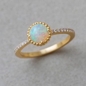 Natural Opal and Lab Diamond Ring: 14k Gold or Sterling Silver