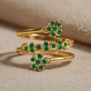 Emerald Statement Ring: 14k Gold or Sterling Silver Floral Band
